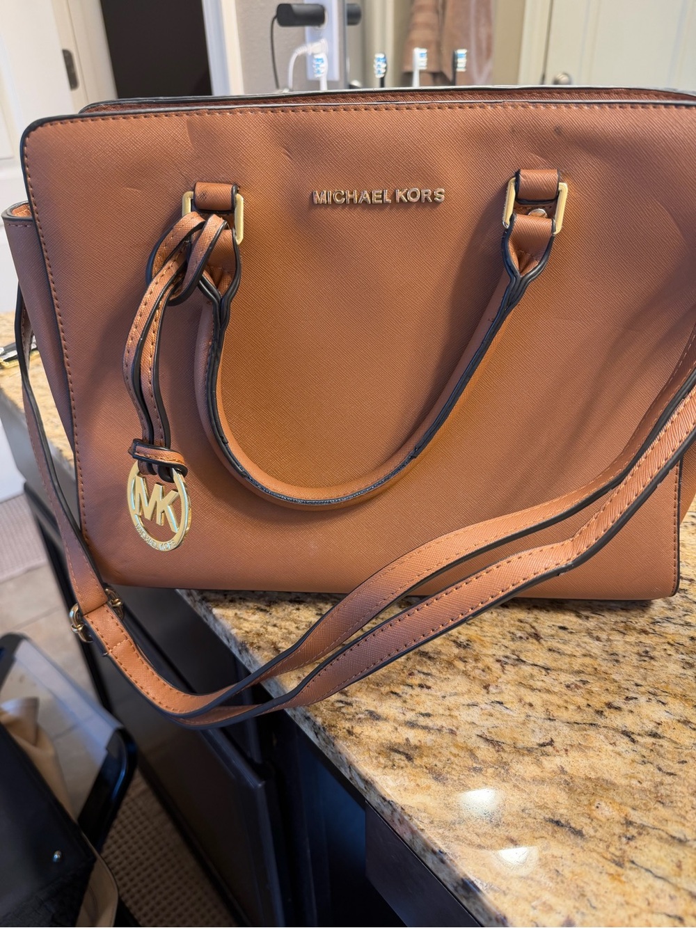 Michael Kors Cognac Leather Satchel with Gold MK Charm